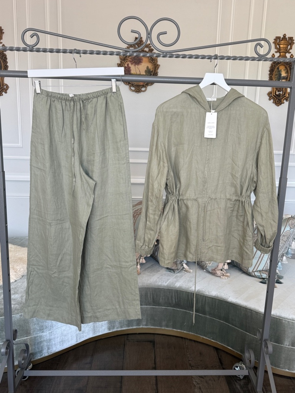 NWT Wide-Leg Linen Pants & Hooded Jacket Set - Sage 100% Linen S/Xs